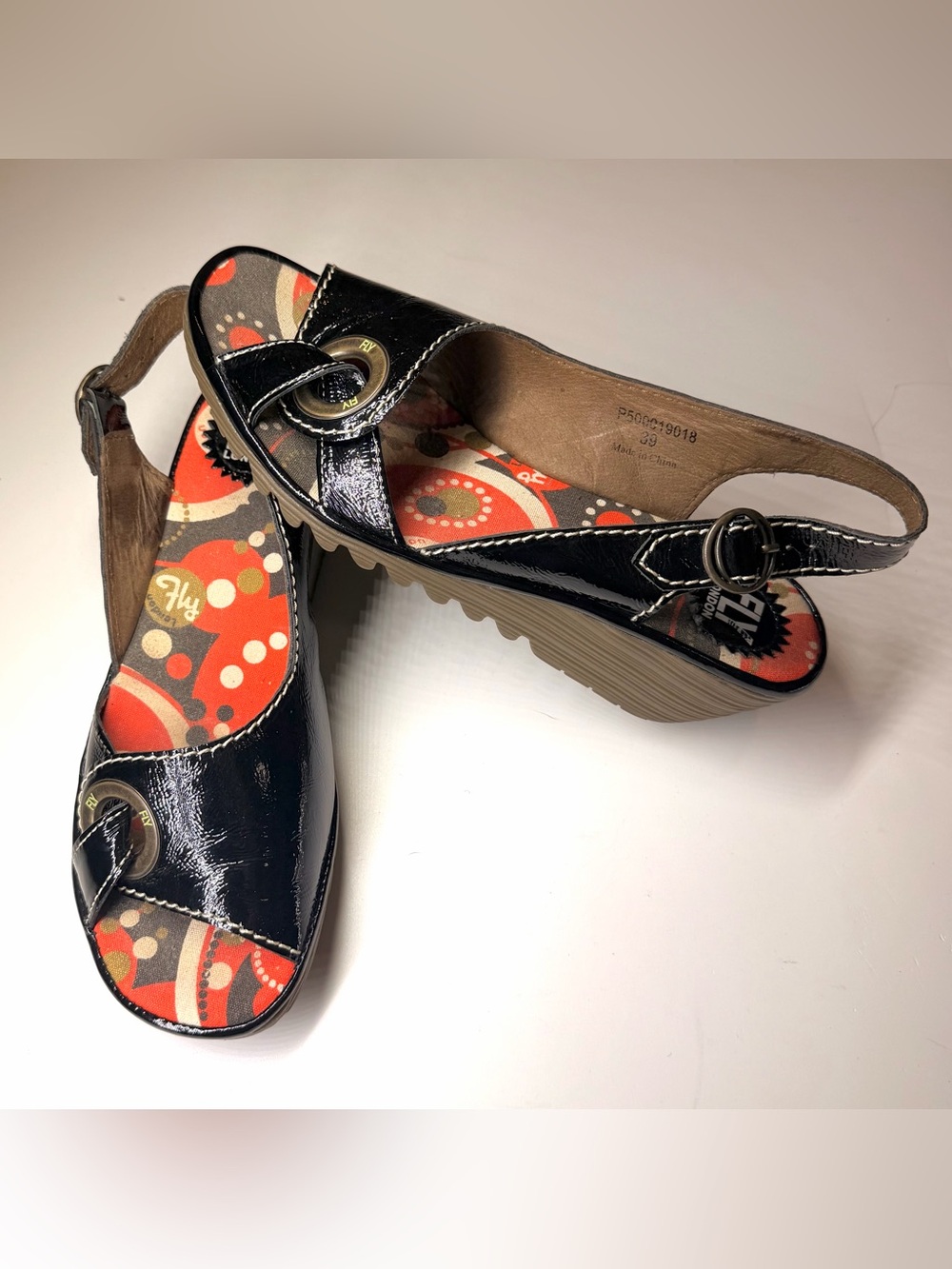 Fly London Women’s Black Wedge Sandals with Buckle Detail Size- 39